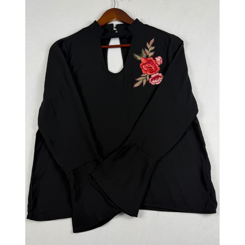 No Comment Black Mock Neck Keyhole Blouse Red Rose Floral Embroidery Bell Sleeve